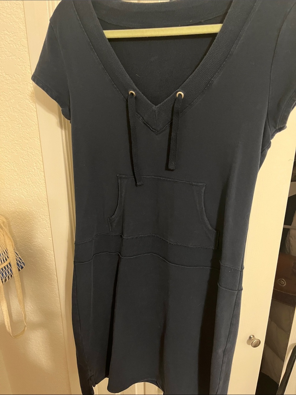 V-Neck Navy sweats Dress with Front Pocket